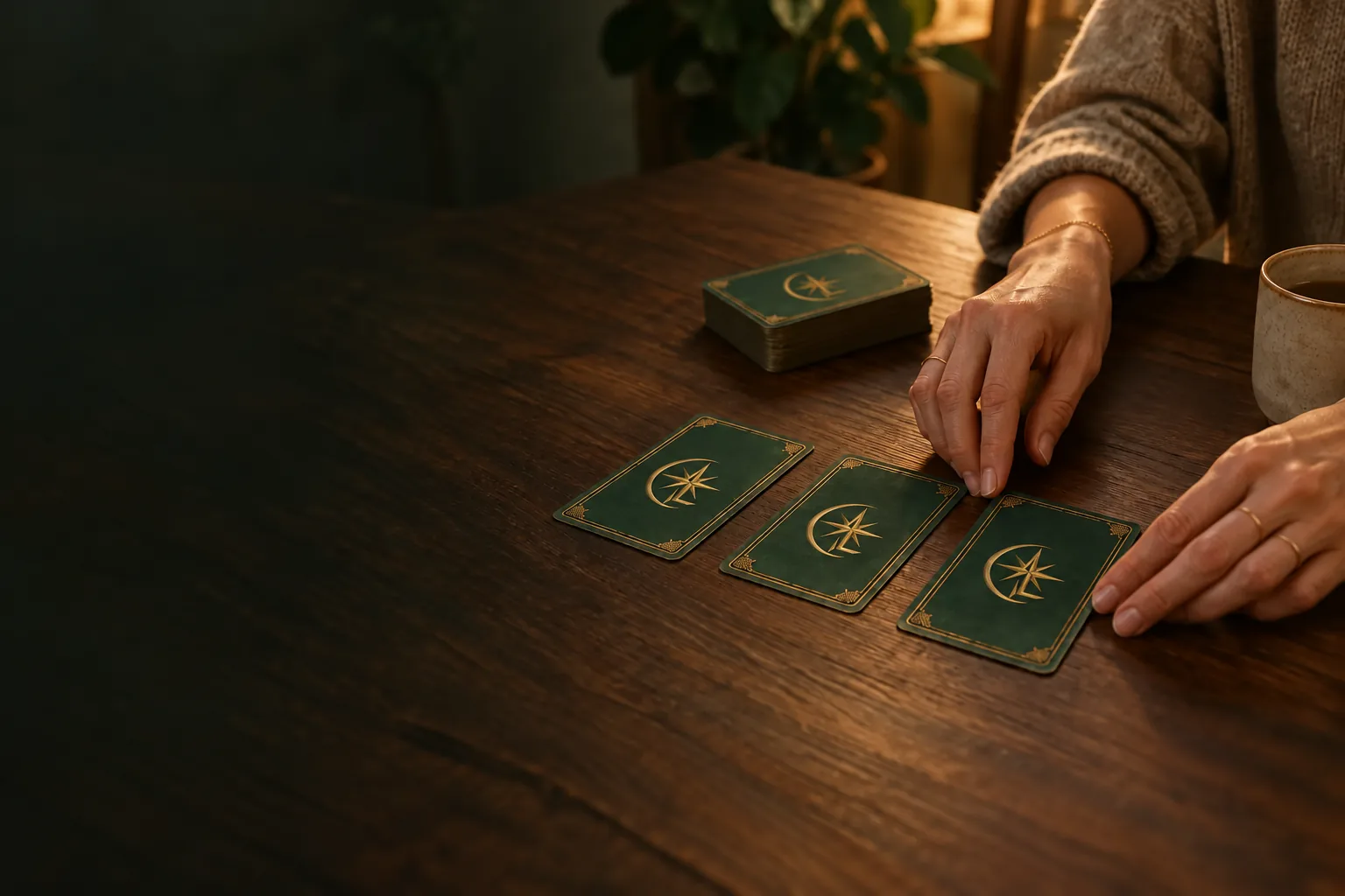Handen leggen drie tarotkaarten met donkergroene en gouden ruggen op een houten tafel in warm avondlicht